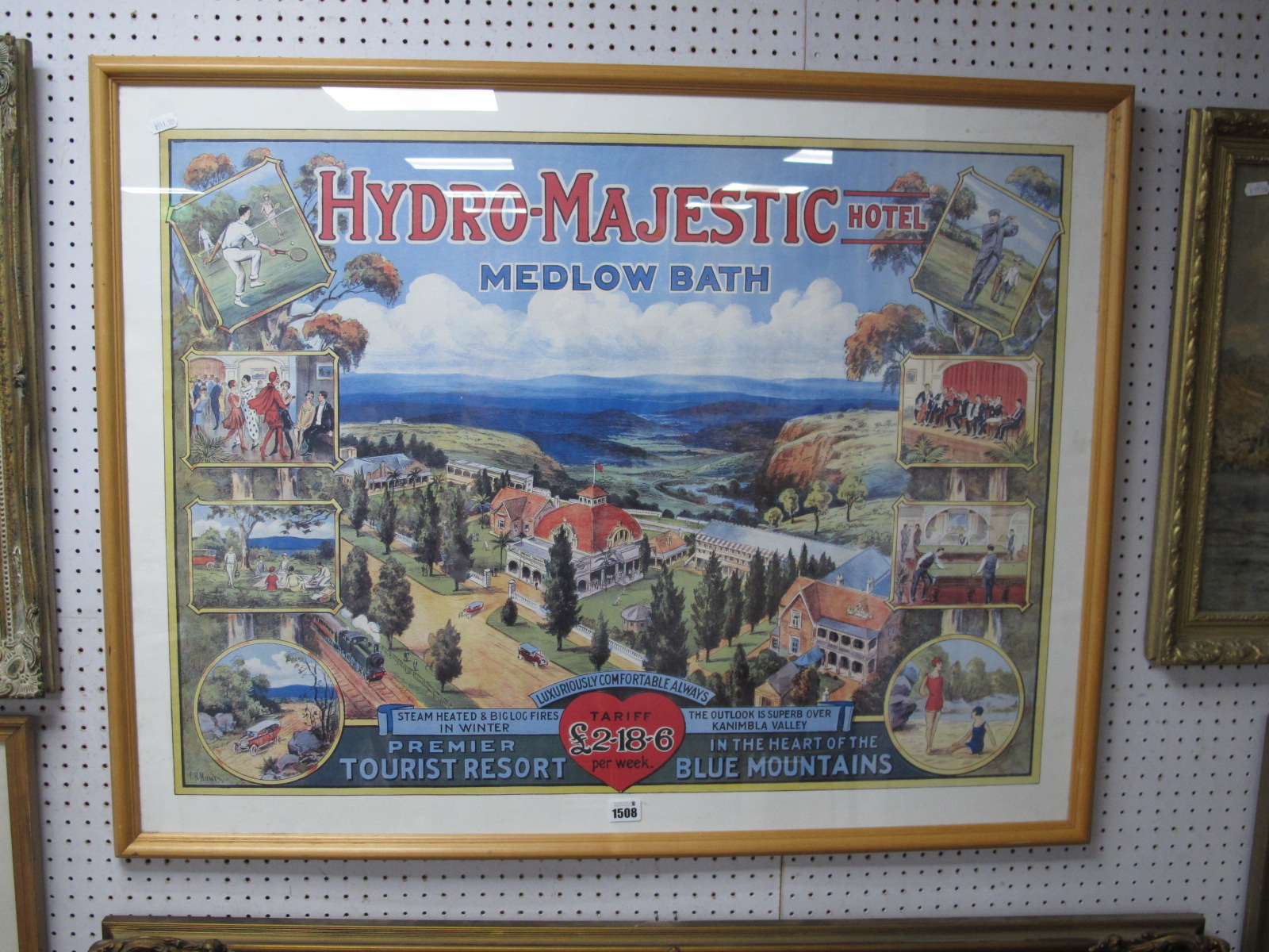 A Framed Advertising Poster Showing the 1920's Version of the Hydro-Majestic Hotel, Medlow Bath in