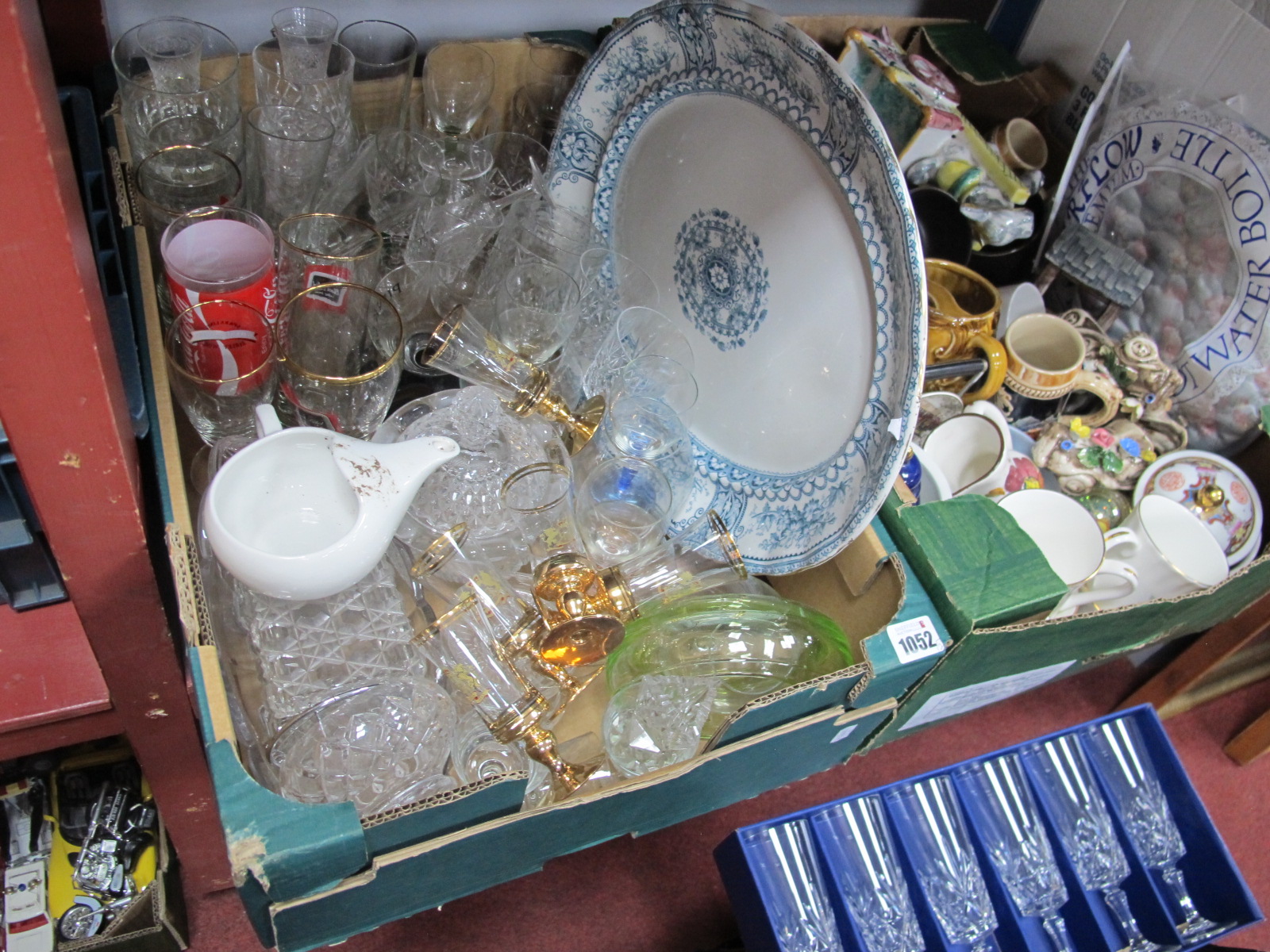 Pryex, other glassware, oval meat plate, pottery, etc:- Two Boxes.