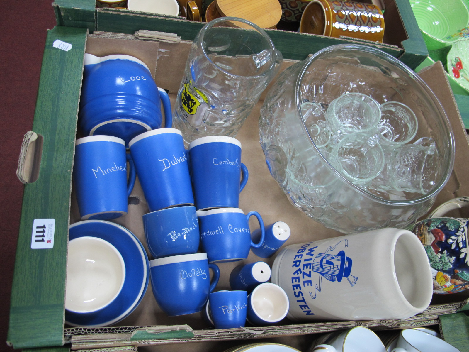 Pressed Glass Bowl Glasses, German musical stein, German tankards, blue-white souvenir ware:- One