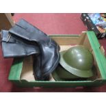 Fire Brigade Boots by Adams Bros, Raunds 1961, R.O Co tin helmet and another, both stamped 1940. (