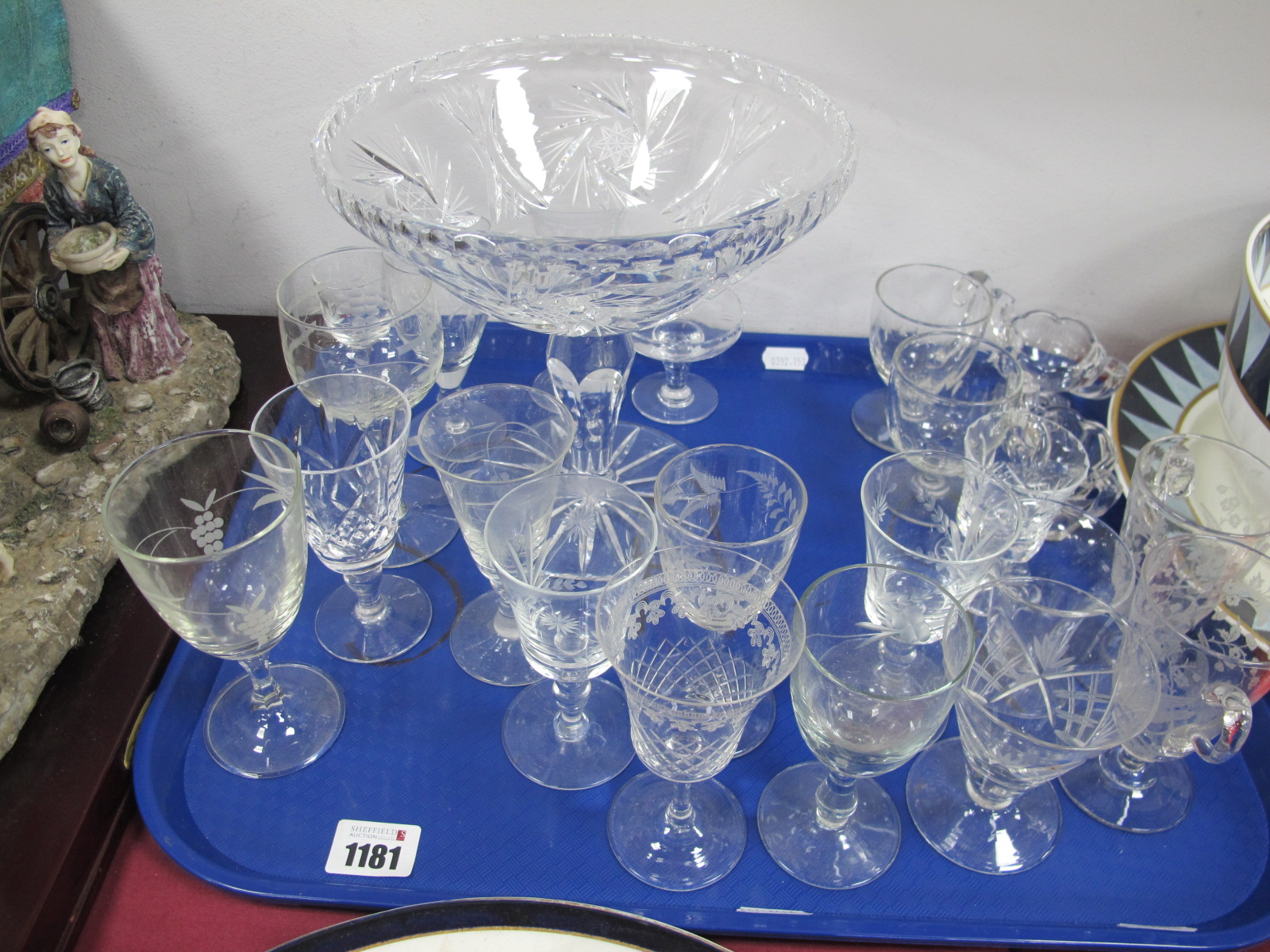 A Collection of Assorted Glassware, including pedestal dish, custard cups, trophy form salts, etched