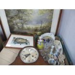 An Oak Mantle Clock, glassware, ceramics, trinket boxes:- One Box and Terry Gorman and Dymall