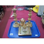 A Pair of XIX Century Brass Candlesticks, two brass inkwells:- One Tray