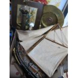A Model Boat, two lamps (untested sold for parts only), pictures, plaques:- One Box