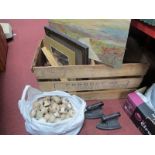 Flat Irons, pictures, cotton holders, Le Creuset carving set, etc, in wooden crate