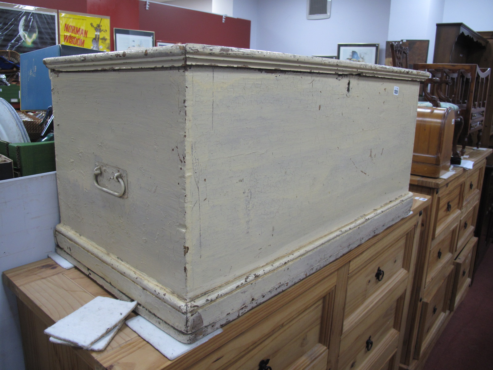 A XIX Century Painted Pine Blanket Box, with a hinged lid, internal drawer, twin handles, plinth