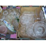 Tazzas, Babycham glasses, wines, mottled fish, uranium tinted plate, other glassware:- Two Boxes.