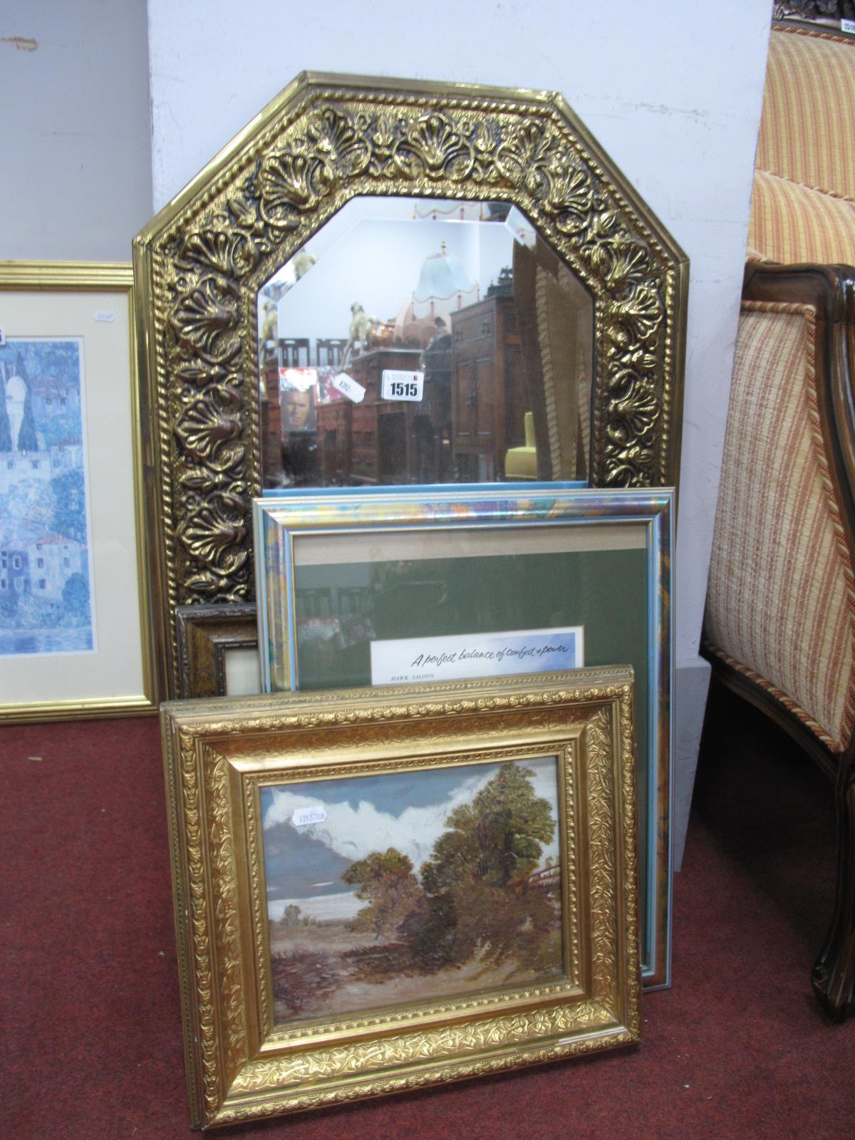 A Brass Framed Wall Mirror, 45 x 75cm, two advertising prints, G. Holmes Oil.