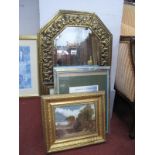 A Brass Framed Wall Mirror, 45 x 75cm, two advertising prints, G. Holmes Oil.