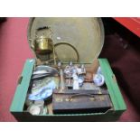 Vintage Ties in a Case, kettle on stand, brass Indian tray, cabinet plates, etc:- One Box.