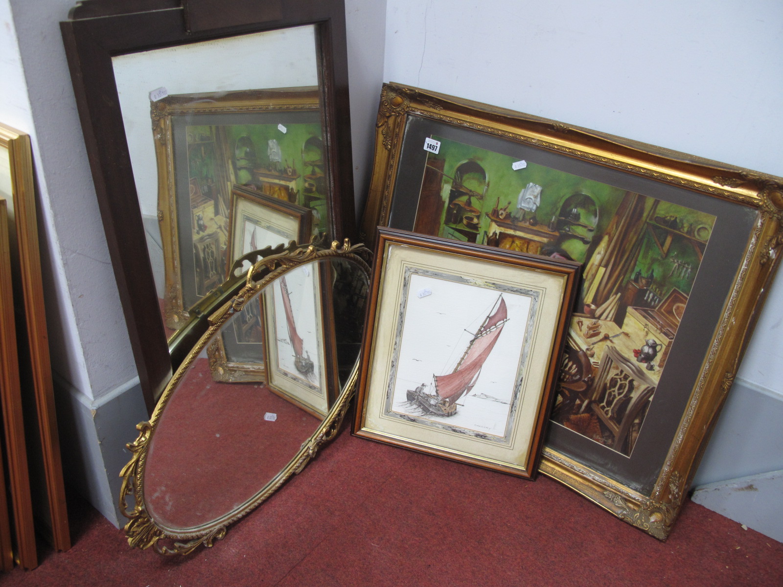 Mahogany Framed Wall Mirror, R Bamforth furniture, workers original artwork, signed and dated 78,