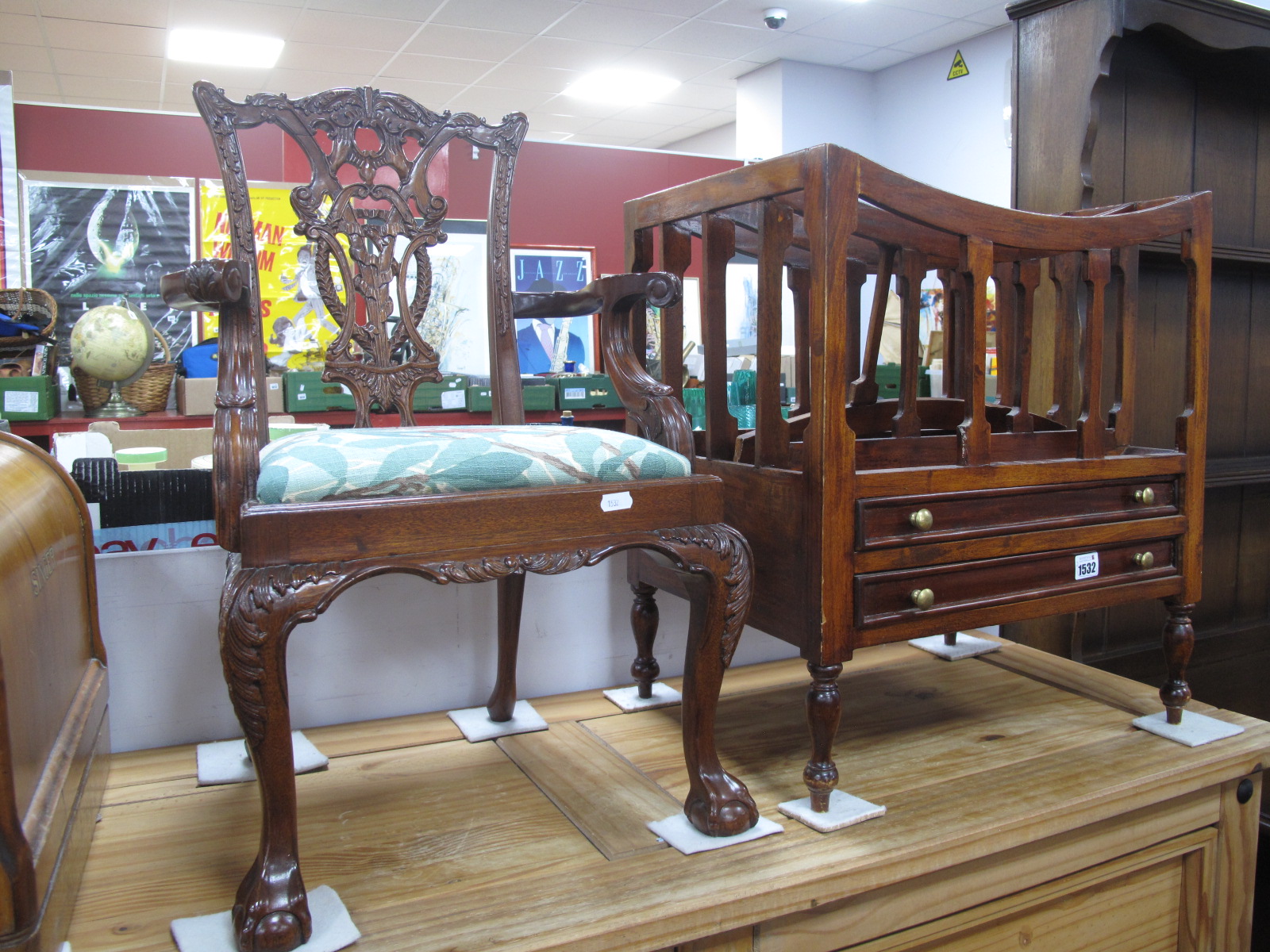 A Chippendale Style Mahogany Child's Armchair, together with a hardwood Canterbury. (2).