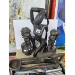 African Wooden Lady Figure, 44cm high, another seated with bowl by feet, a pair of busts 28cm