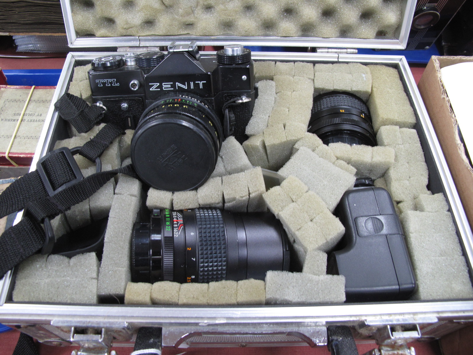 Zenit TTL Camera, having 2/58 lens, 1:2.8 f=135mm and f=35mm examples, etc in metal carry case.