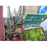 Brass Carriage Lamps, binoculars, mahogany cutlery box, etc:- One Box.