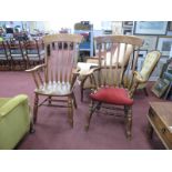 A Pair of XIX Century Style Ash Kitchen Armchairs, with a rail back, shaped arms, one upholstered