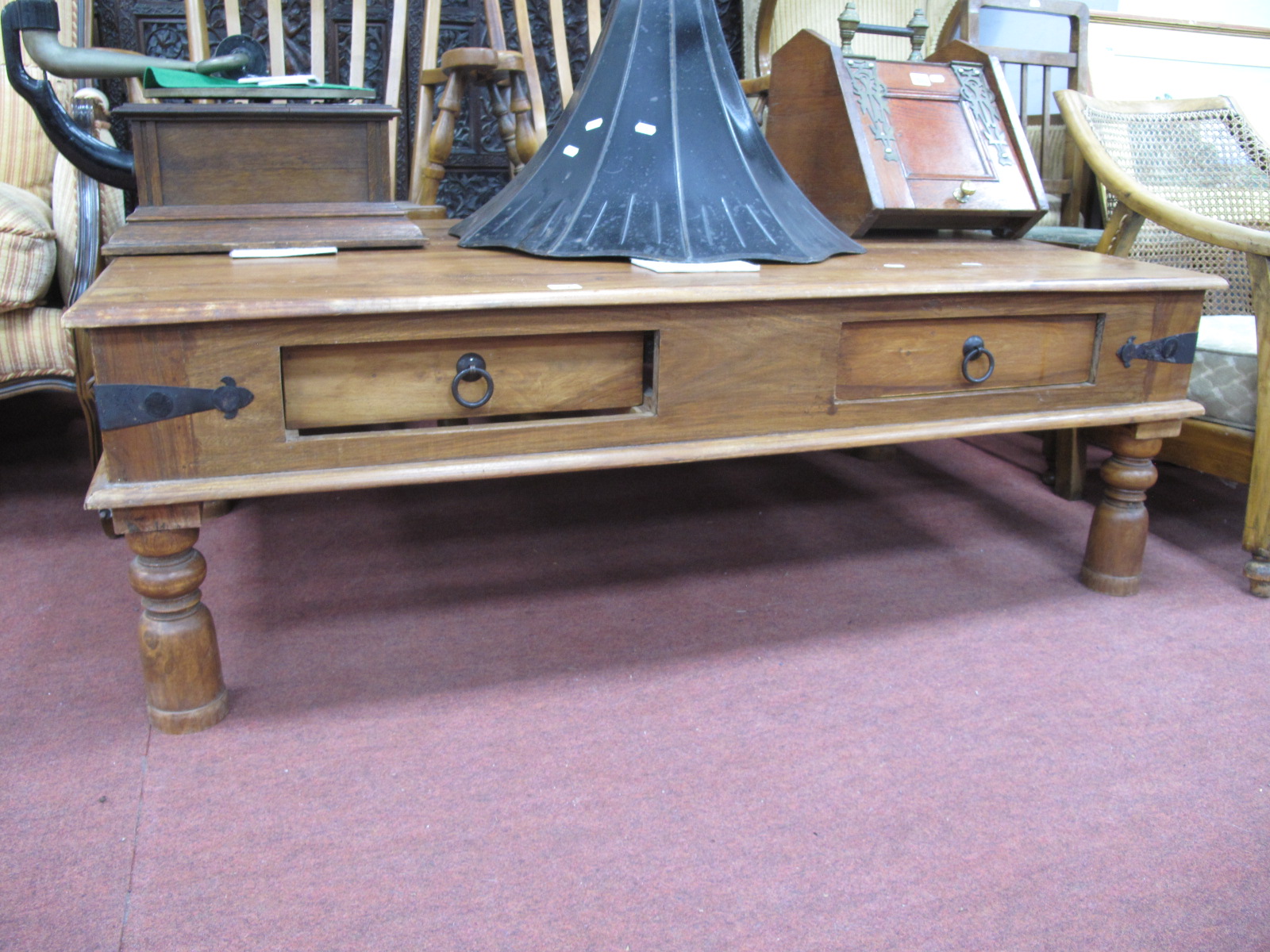 A Hardwood Colonial Rectangular Shaped Coffee Table with two drawers on corner brackets, turned