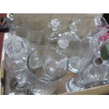 A XIX Century Claret Jug, five decanters, etched thistle tumblers, water jugs:- One Tray.