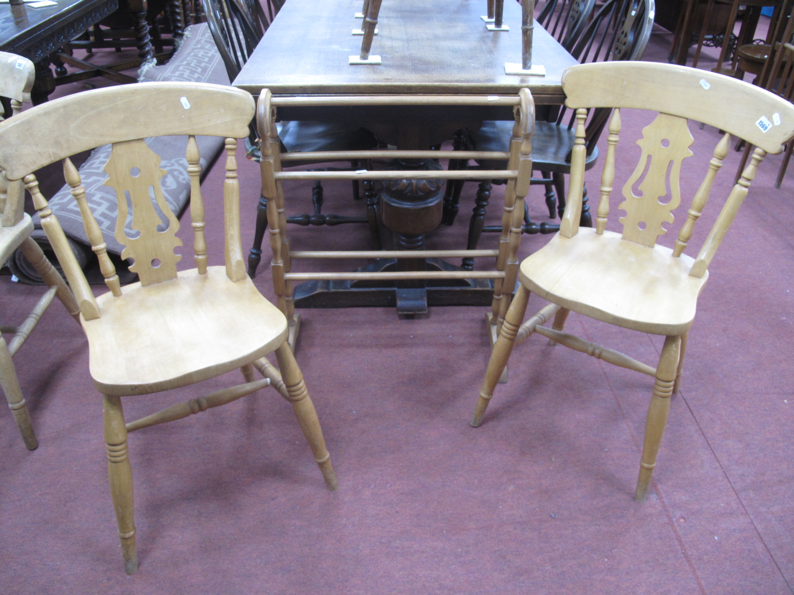 Two XIX Century Kitchen Chairs, together with a pine towel rail. (3).