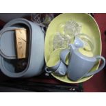 Poole Two-Tone Rectangular Dish and Coffee ware, glass inkwells, bread crock, Imhof and other