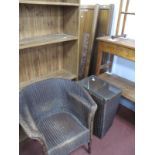 Oak Double Bed Ends, with Art Nouveau poker work carving, with side irons. Lloyd Loom lusty chair