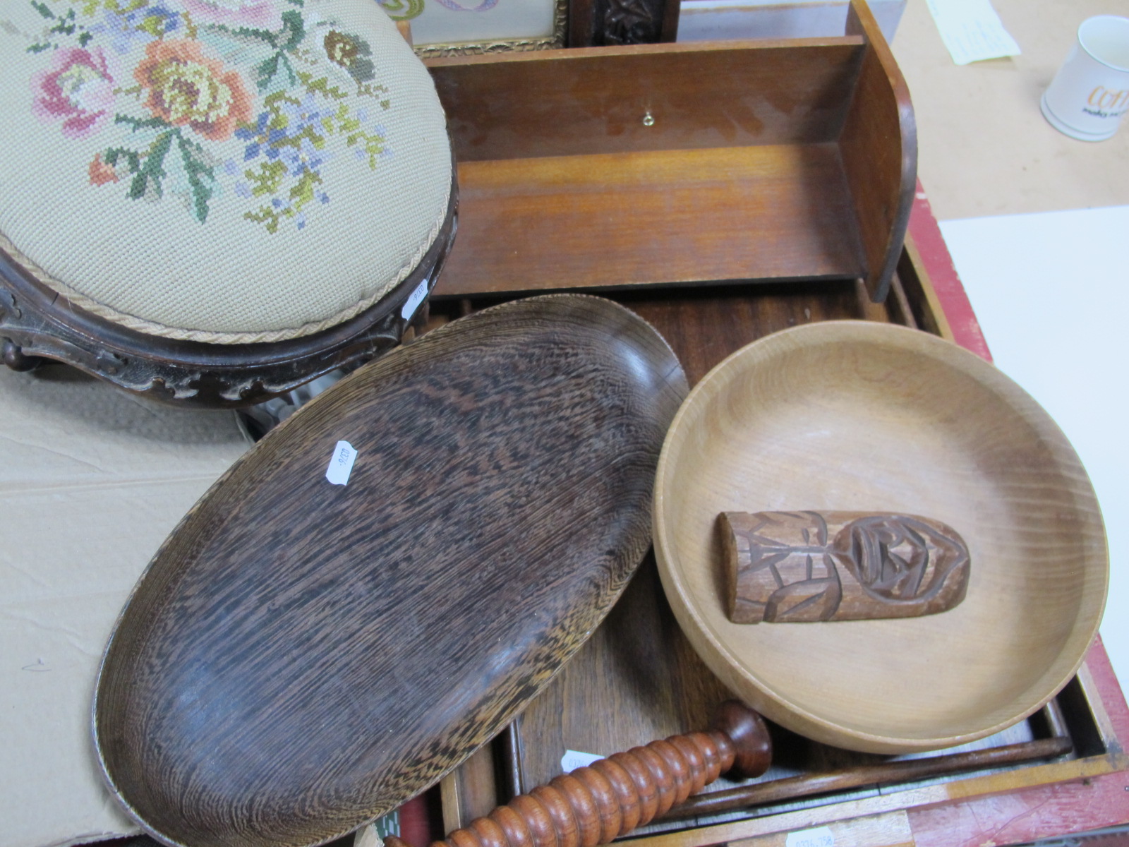 A XIX Century Pokerwork Carved Circular Footstool with Needlework Top, 29.5cm diameter, trays,