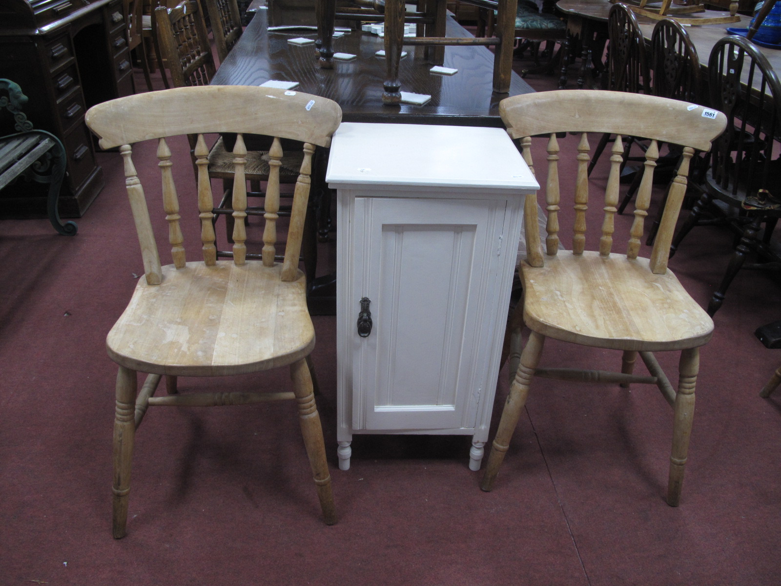 A Pair of Victorian Style Kitchen Chairs, together with a painted bedside cupboard. (3).