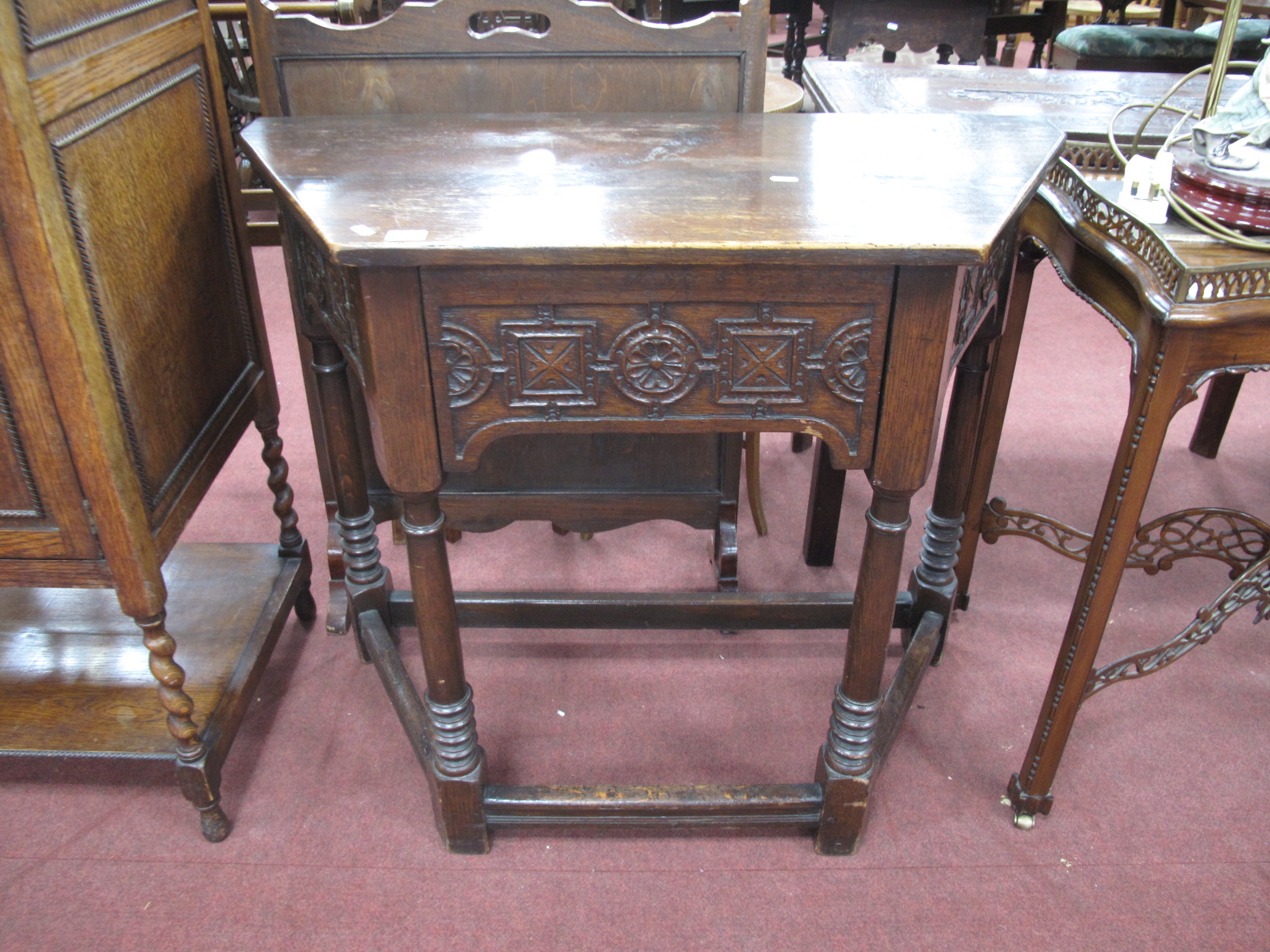 A XVII Century Style Credence Table, single drawer, on turned and block supports, united by