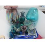 Large Streaked Glass Goblet Vase, a collection of turquoise tinted glassware, fish, etc:- One Tray