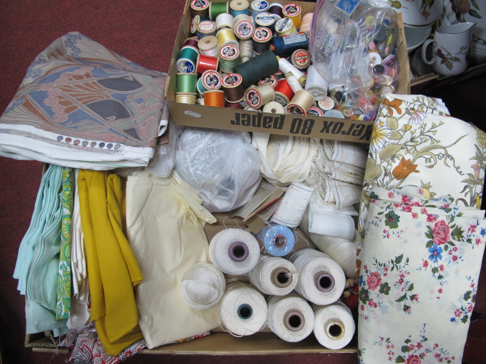 Sewing Accessories: vintage material including Liberty thread, buttons, zips, curtain tape,