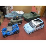 Four Large Plastic Vehicles, including motorbike and sidecar, tank, battleship and buggy, plus model