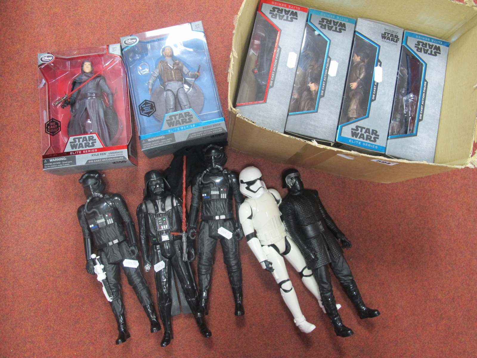 Six Boxed Star Wars Figures, including Captain Cassian Andor, Jyn Erso and others, plus five Star