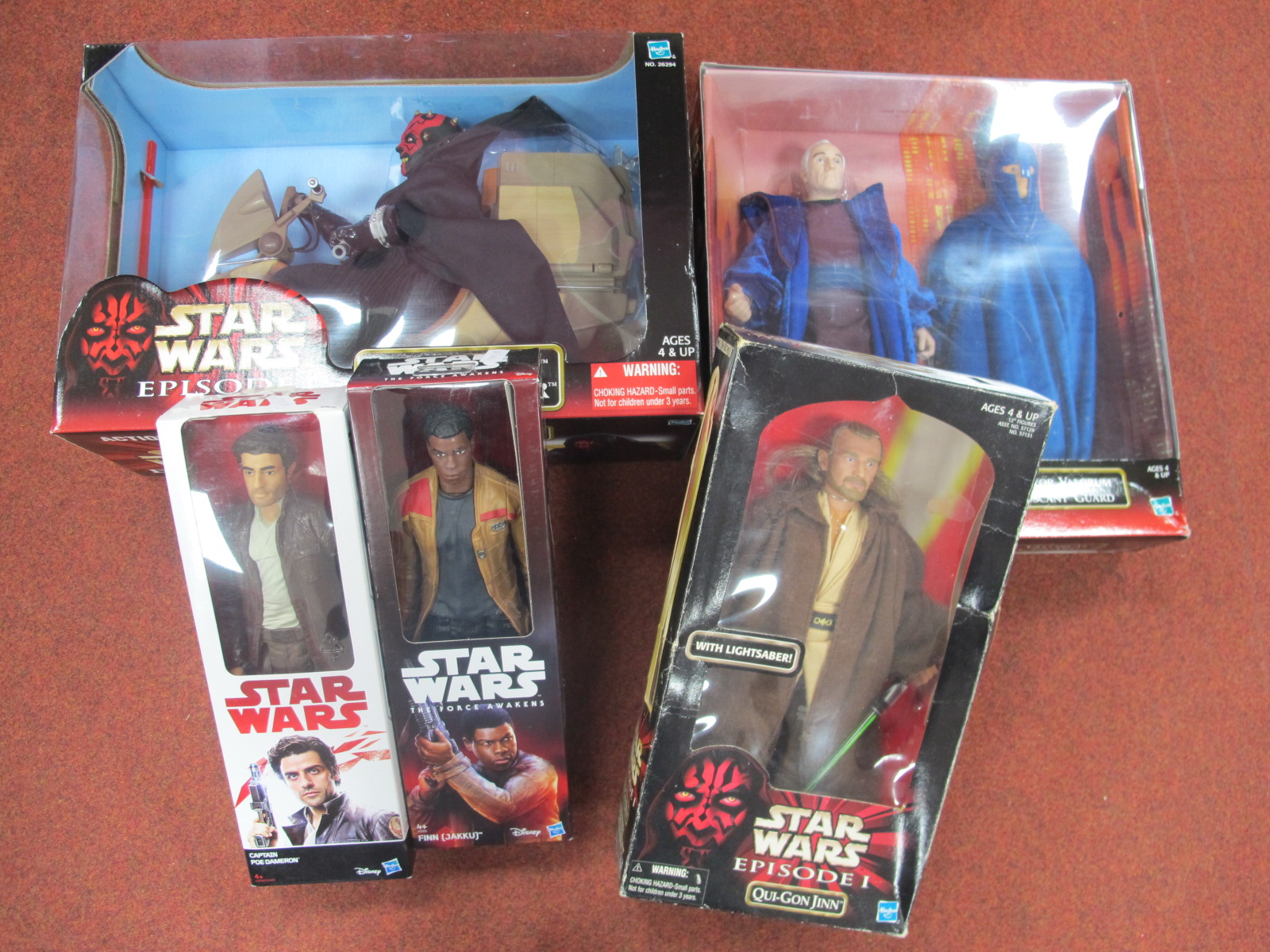 Five Boxed Star Wars Figures, including Darth Maul and Sith Speeder.