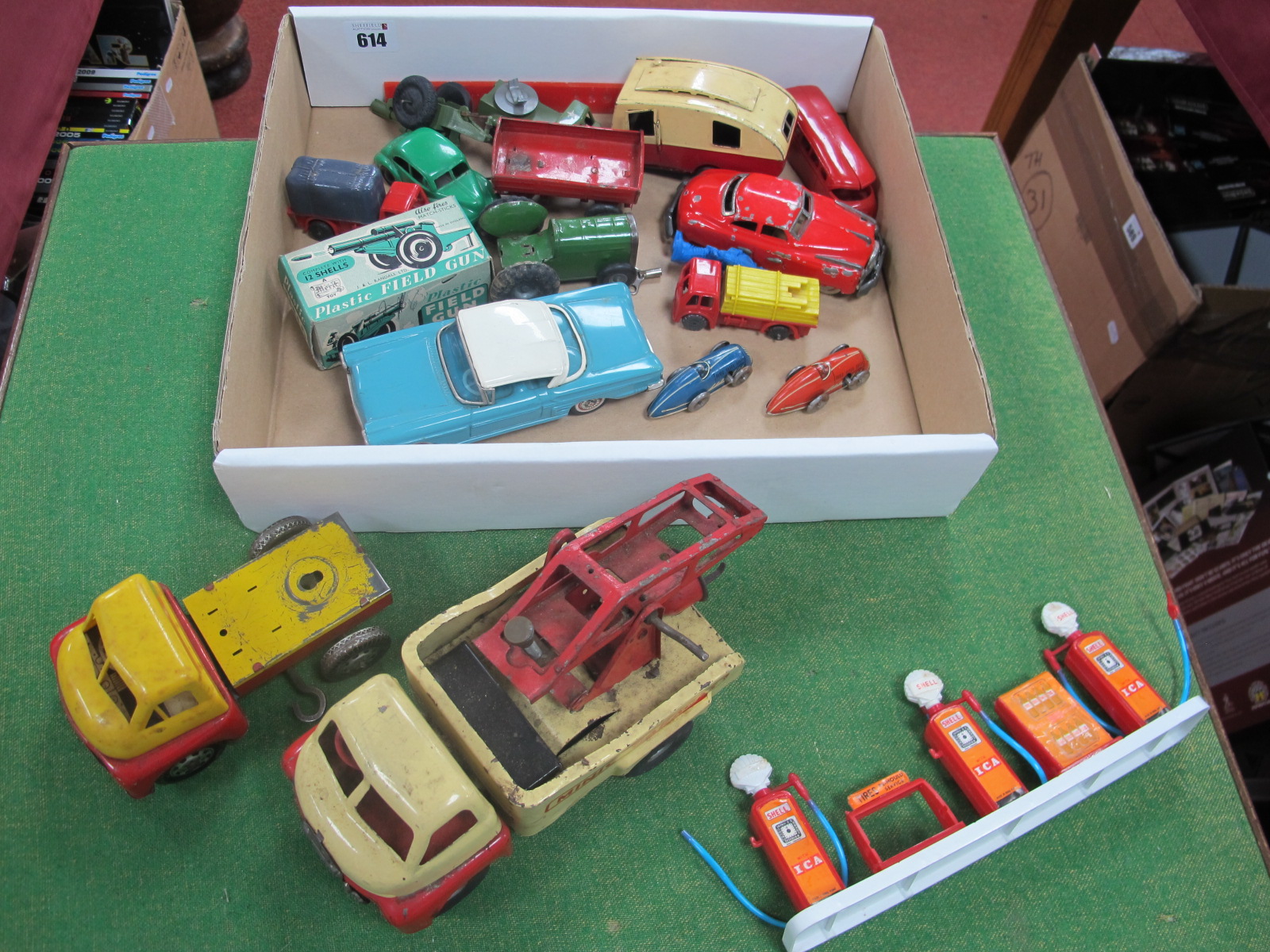 A Collection of Tinplate, Plastic, Model Vehicles, to include a Triang Minic Garages Bedford
