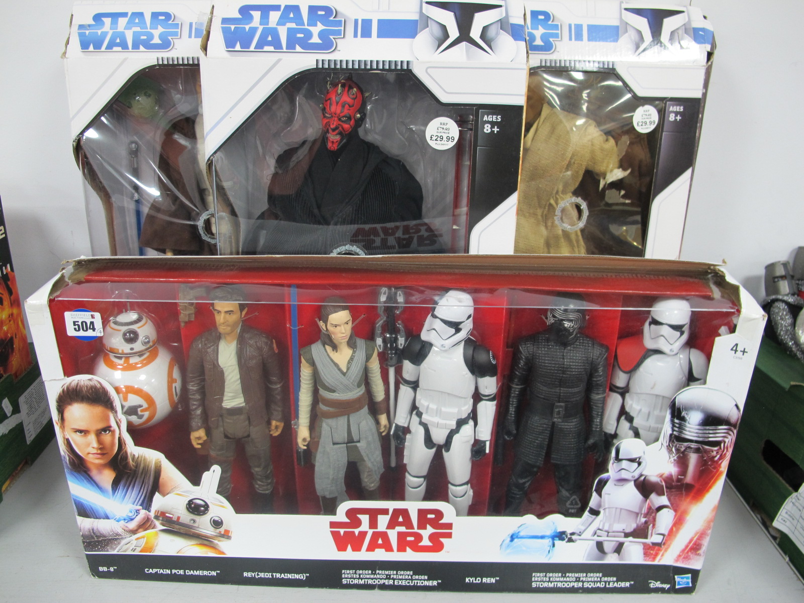 Three Boxed Large Star Wars Figures, 50cm and box of six Star Wars figures.