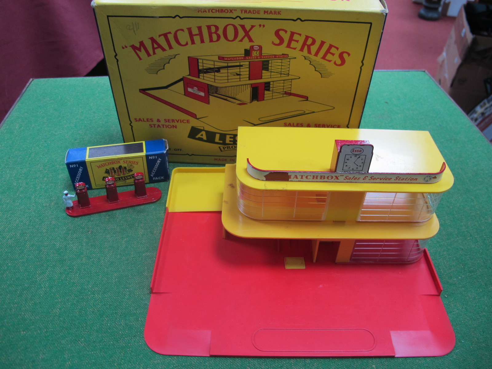 A Boxed Matchbox Series Lesney Sales and Service Station, with A-I Esso pumps and forecourt sign