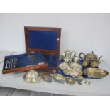 Assorted Plated Ware, including wooden canteen case with lift out tray; three piece tea set, oval