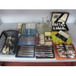 Hallmarked Silver Handled Tea Knives, assorted plated cutlery, hallmarked silver napkin rings,