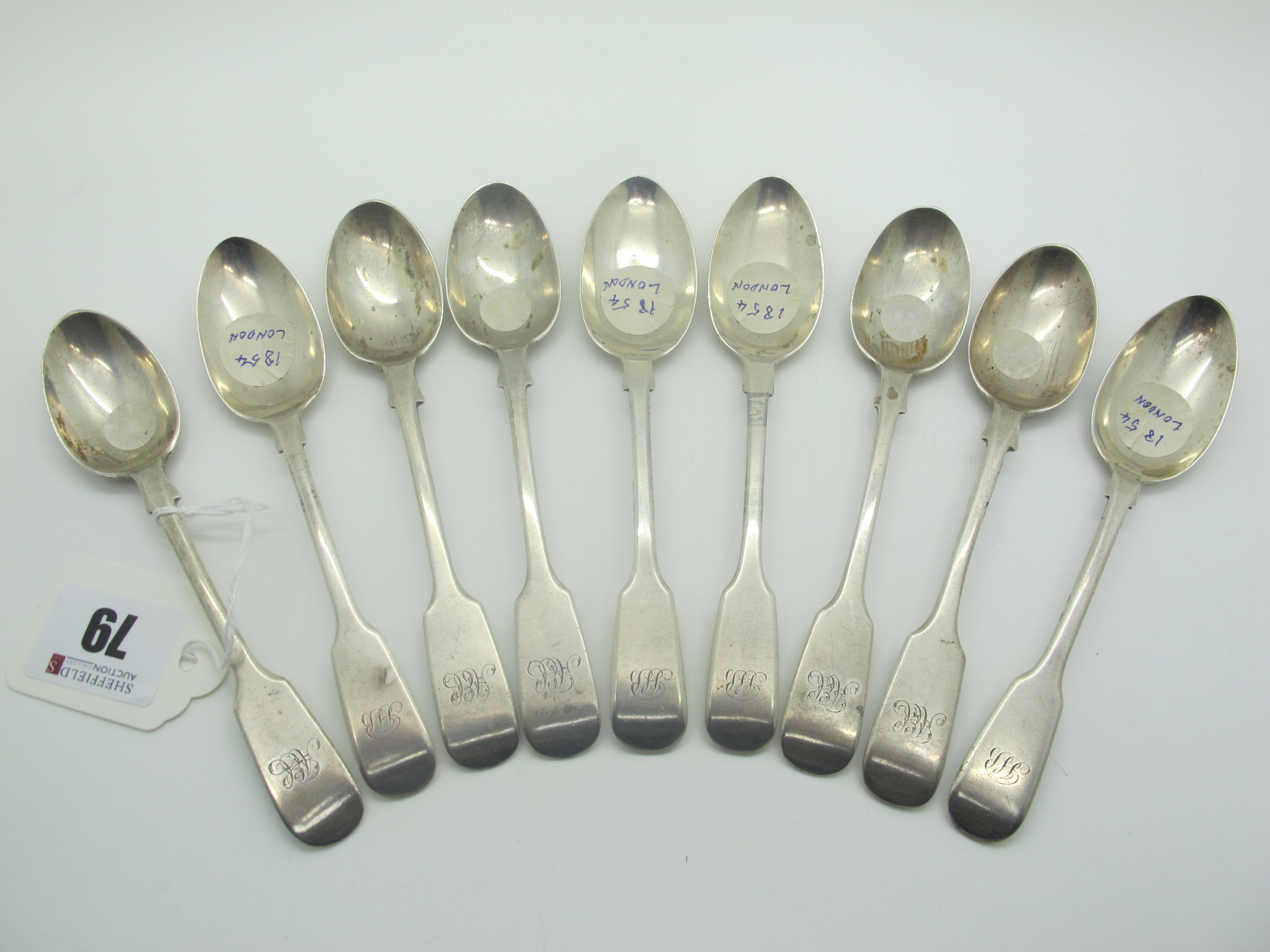 A Set of Five Hallmarked Silver Fiddle Pattern Teaspoons, CB, London 1896, initialled; together with