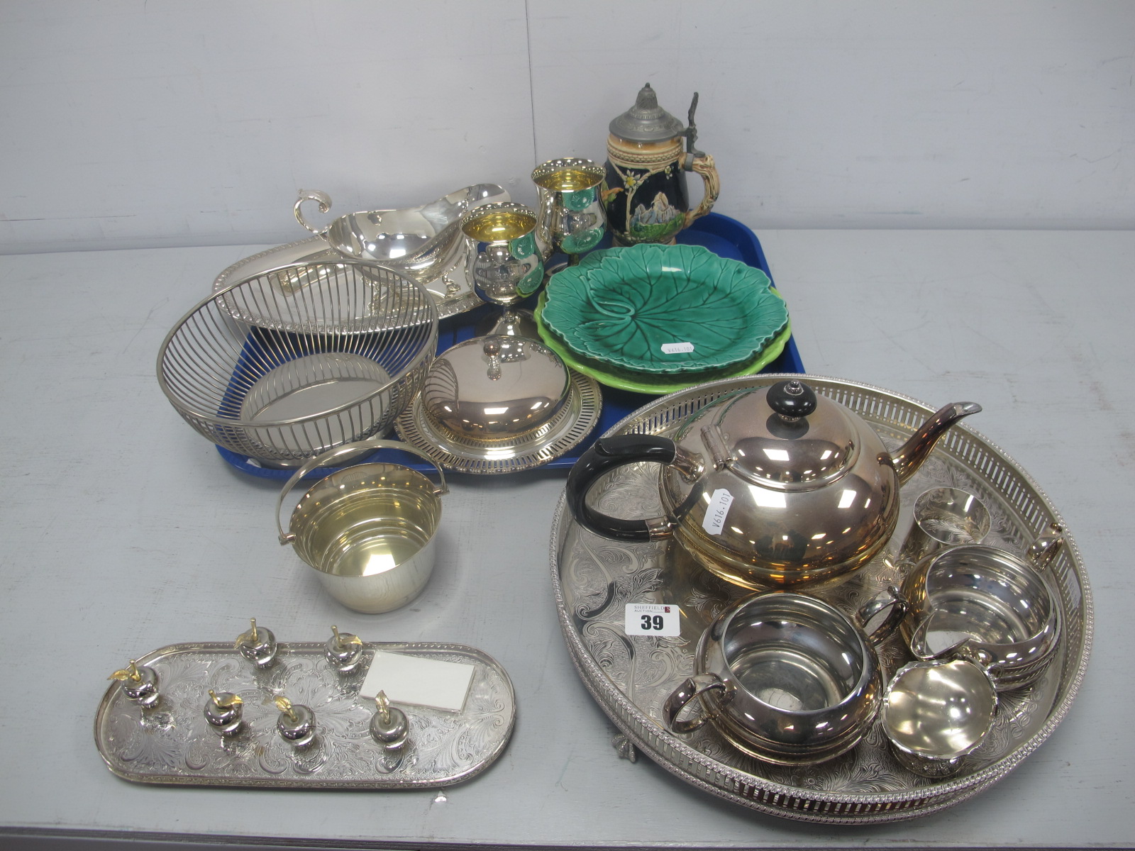 Assorted Plated Ware, including three piece tea set, oval gallery style tray, basket dish, novelty