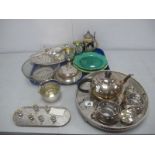 Assorted Plated Ware, including three piece tea set, oval gallery style tray, basket dish, novelty