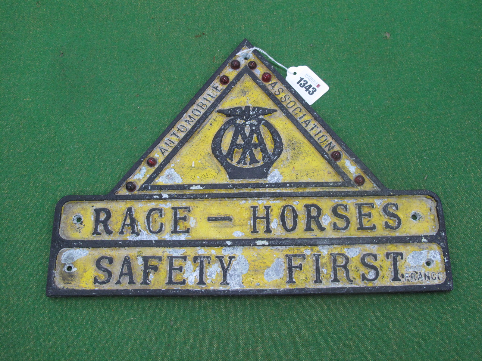 A Cast Metal A.A. Road Sign - Race Horse Safety First, with holes for