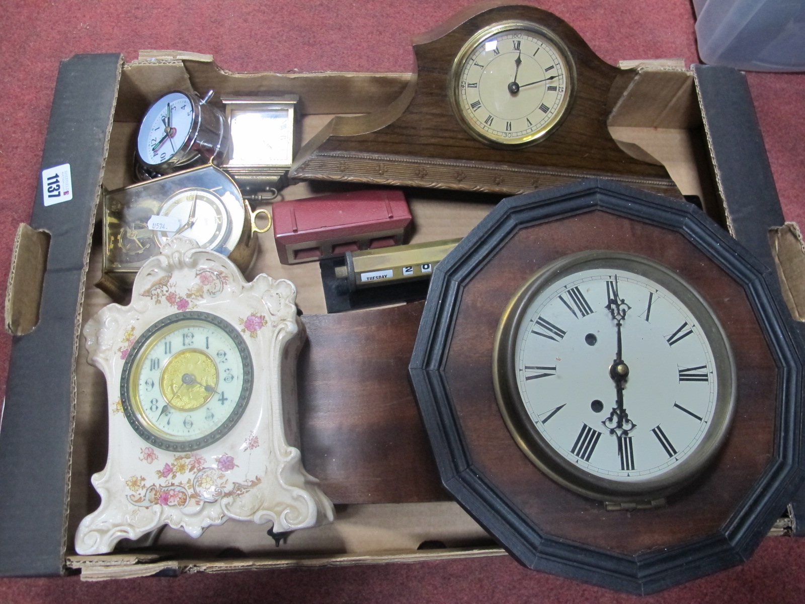 S.F & Co Pottery Cased Mantle Clock, Schatz Swiza, oak and other clocks, desk calendars:- One Box.