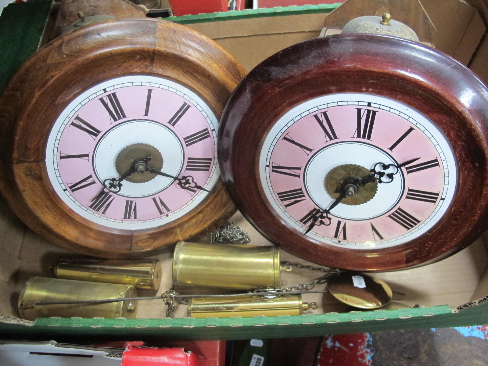 A Late XIX Century Postman's Clock, with pink chapter ring, Roman numerals; together with on other