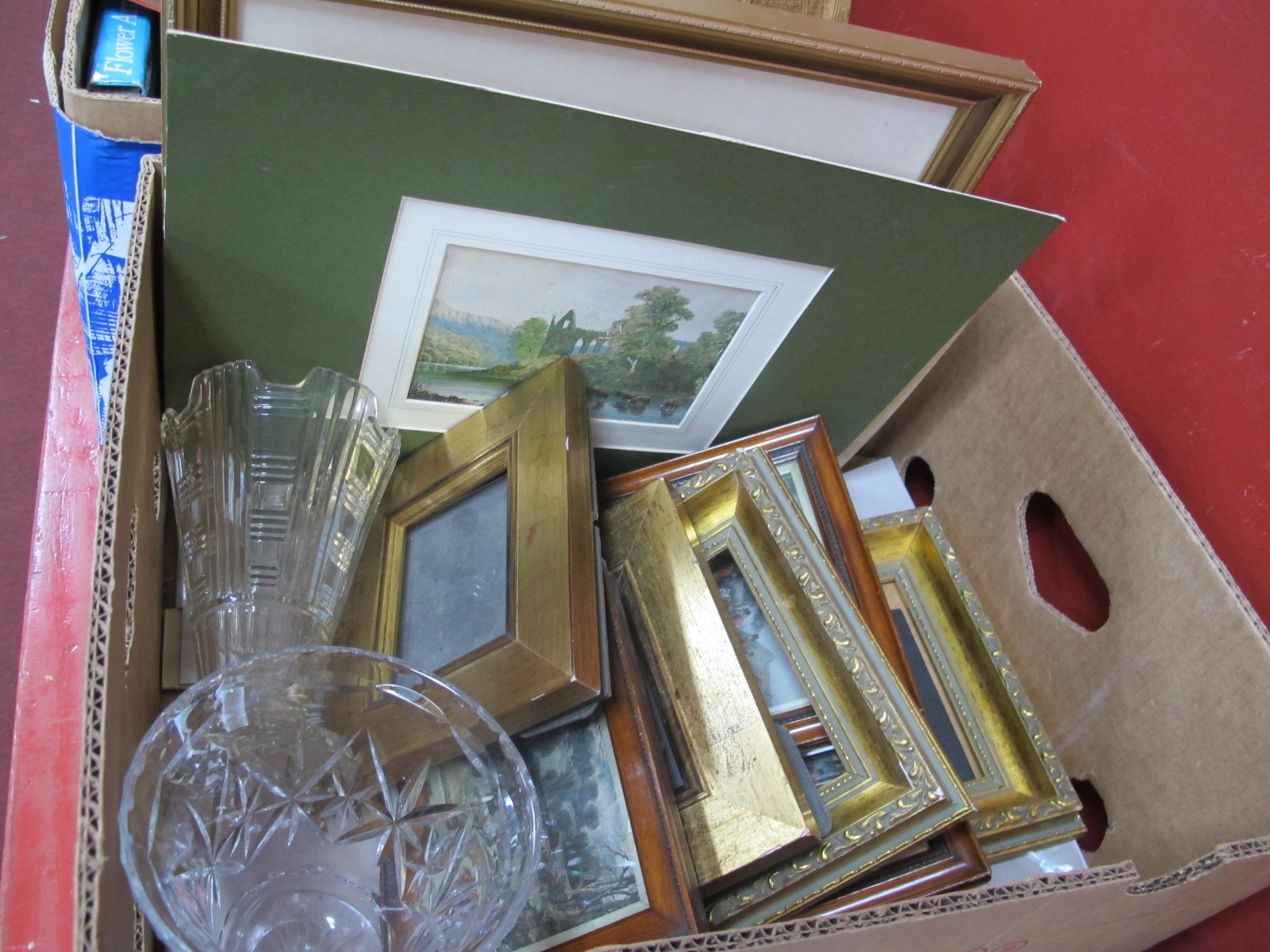 Picture Frames, original artwork, glass vases:- One Box