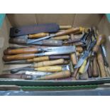 Wood Chisels, screwdrivers with turned wooden handles, et :- One Box.