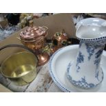 Brass Jam Pan, with iron loop handle, copper tea urn, model diving helmet, Losol wash jug and bowl.