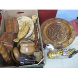 A Carved Wall Plaque, Norwegian salt box, bowls, other wooden ware:- One Box.