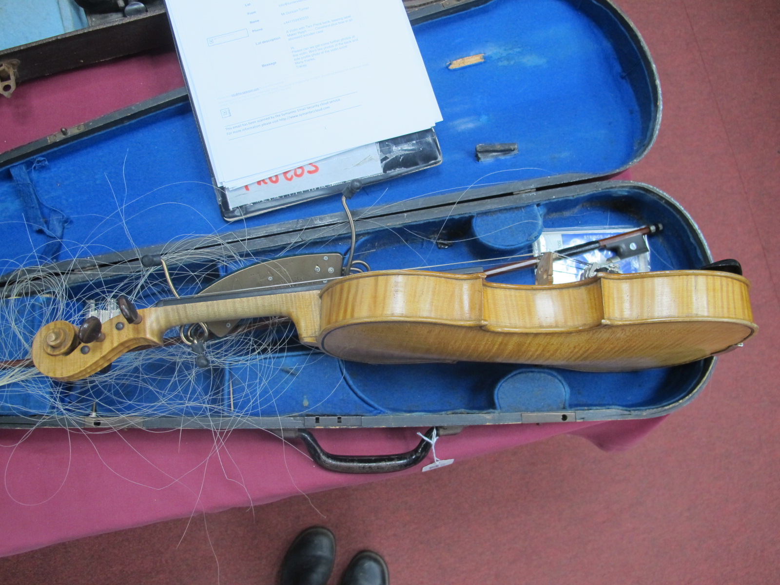 A Violin with Two Piece back, bearing label Maker Ralph -----, Cleveland plus bow in an ebonised - Image 6 of 7