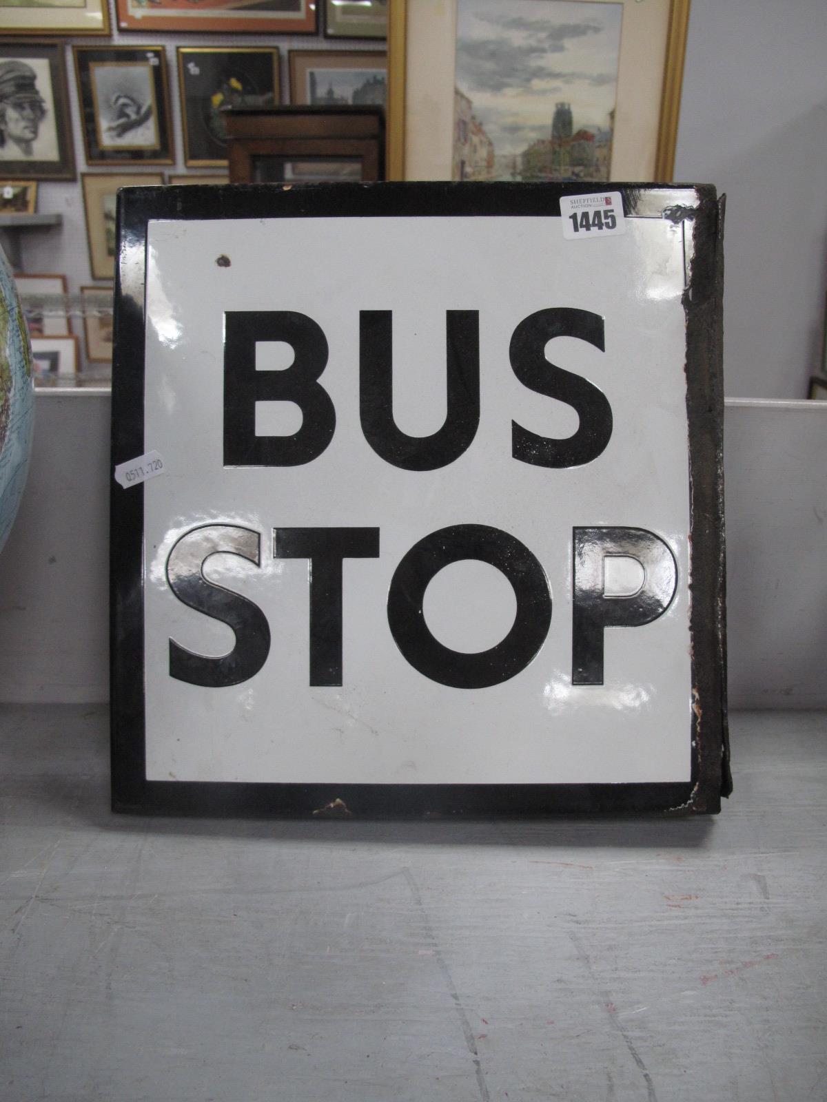 a Circa 1940's/50's Double Sided Black and white Enamel Bus Stop Sign, 31.5 x 30cm.